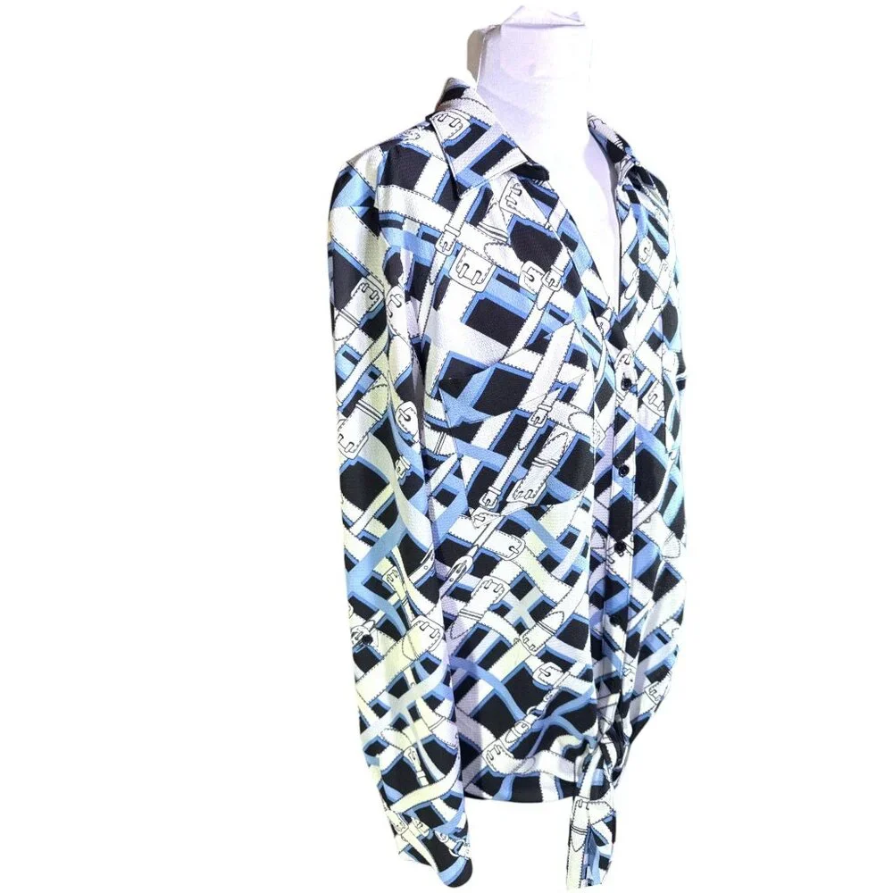 Jones New York Womens Button Up Blouse Tie Front Black Blue Patterned Size M - Picture 6 of 10